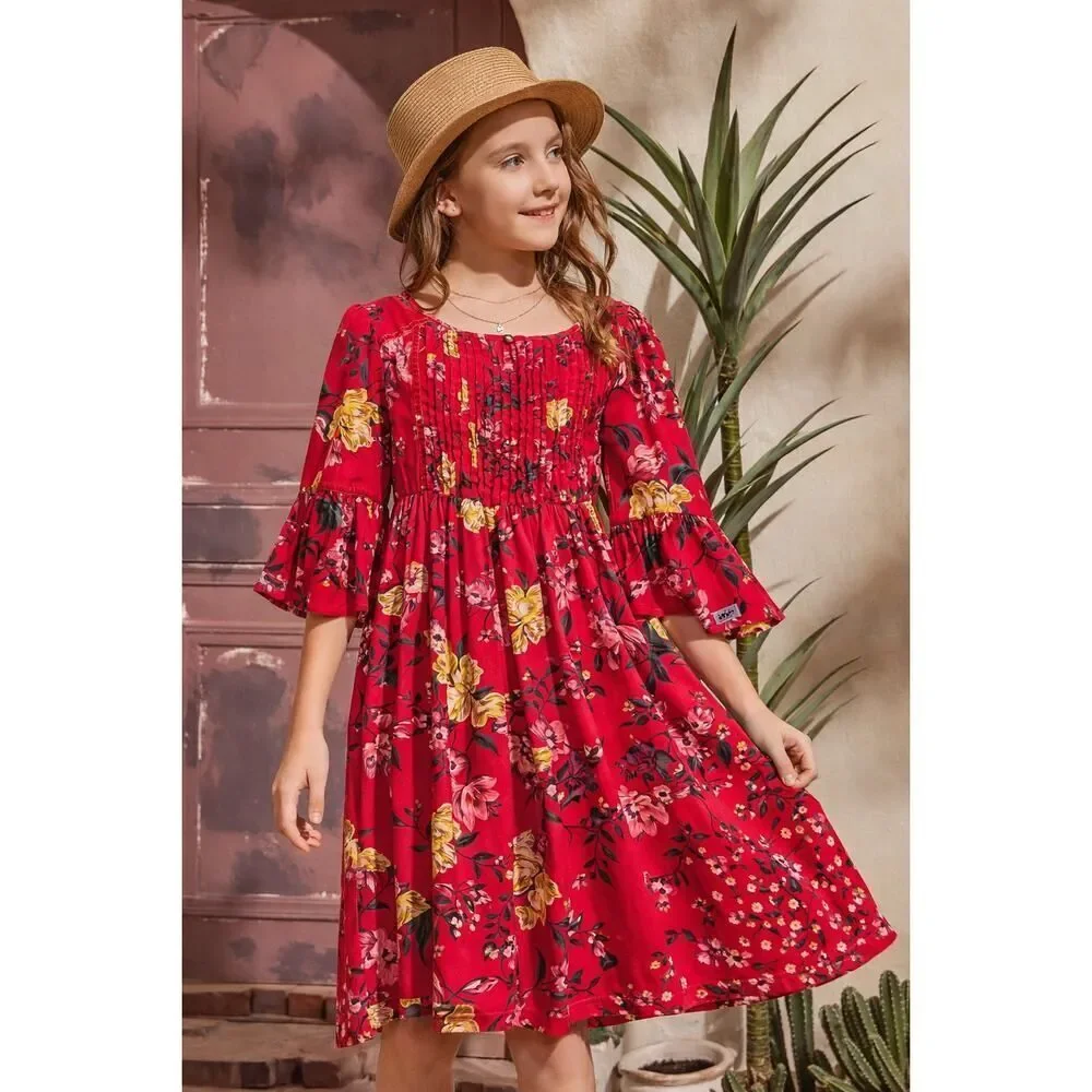Old Navy Floral Boho Dress Girl Size XXL 16 Red Pleated Bell Sleeve Cottagecore